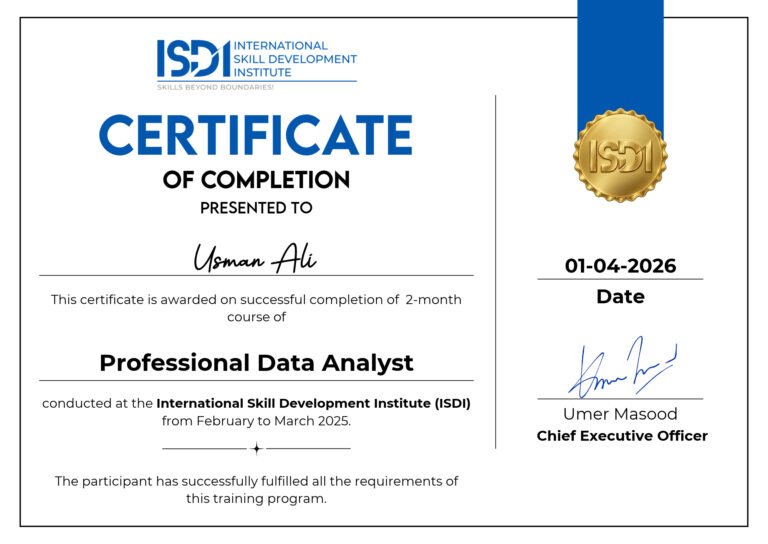 Professional Data Analyst Course Certificate